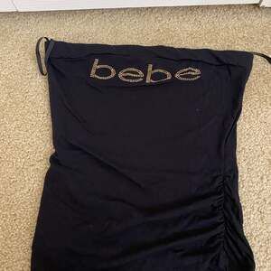 Vintage Bebe Strapless Rhinestone Logo ruffle side